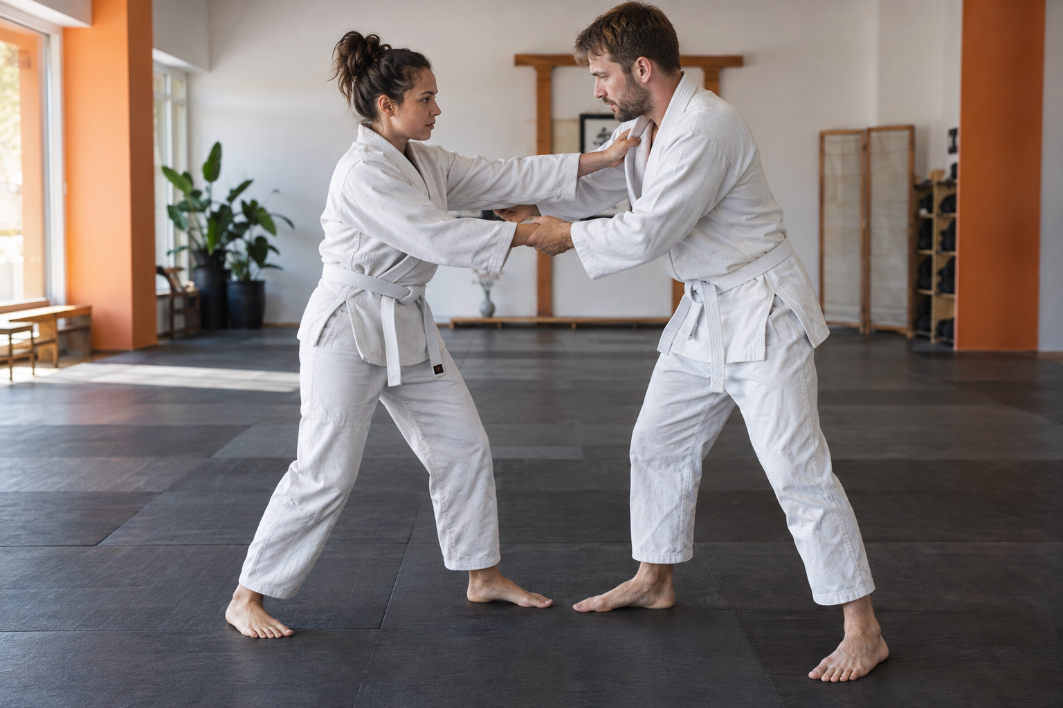 Illustration: Zwei Erwachsene üben eine Griffposition im Jiu-Jitsu