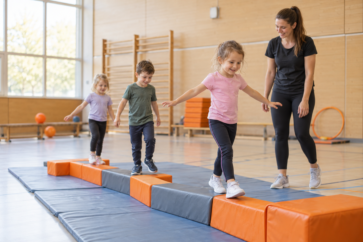Kinder auf einer spielerischen Bewegungsstrecke